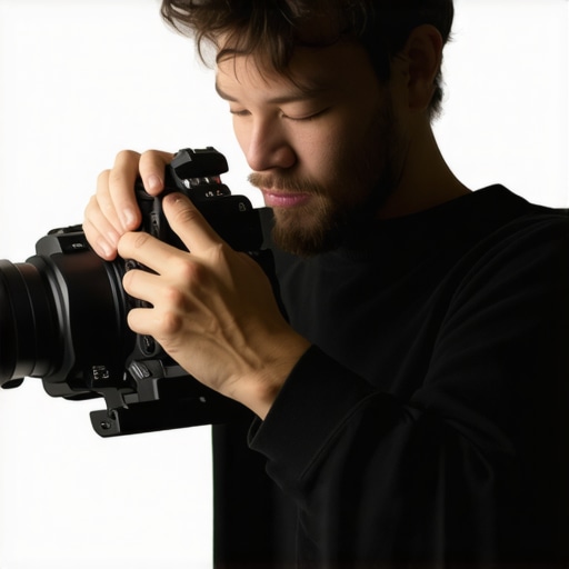 Person fine-tuning camera settings in a professional streaming setup