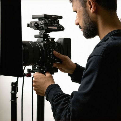 Videographer adjusting camera settings with professional lighting and equipment