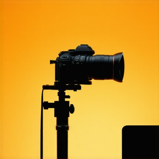 Professional mirrorless camera with cinematic lens and lighting in a studio setting.