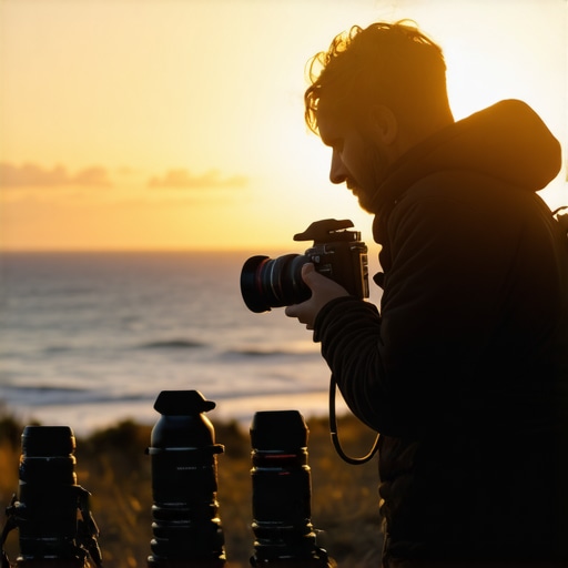 Videographer adjusting mirrorless camera outdoors at sunset