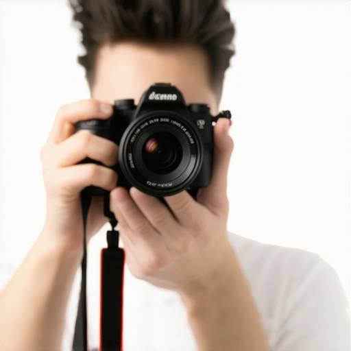 A content creator holding a mirrorless camera in a studio setting