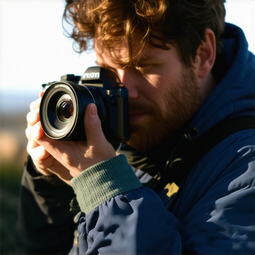 Content creator using advanced mirrorless camera with real-time computational photography in outdoor environment