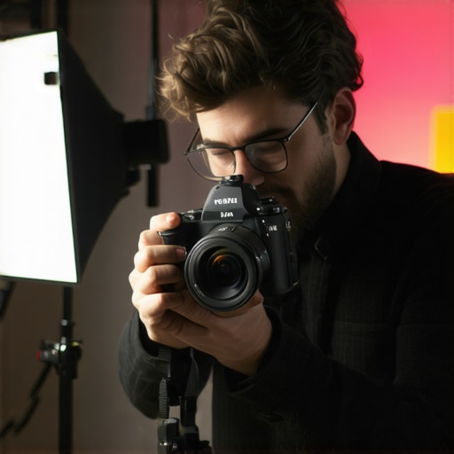 Content creator adjusting advanced 4K camera with HDR and ND filters in studio