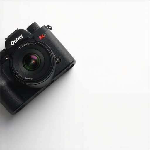 Mirrorless camera on workspace for content creation.