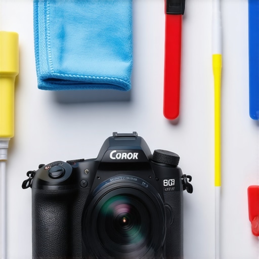 Camera cleaning tools and accessories laid out on a workspace for maintenance