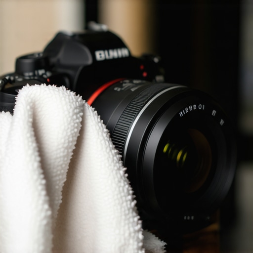 Close-up of a person cleaning a mirrorless camera lens with a microfiber cloth, emphasizing maintenance.