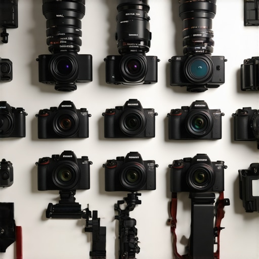 A content creator examining multiple mirrorless cameras on a desk, considering features for YouTube and streaming.