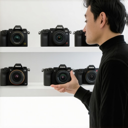 A person inspecting multiple 4K mirrorless cameras in a shop, making a choice.