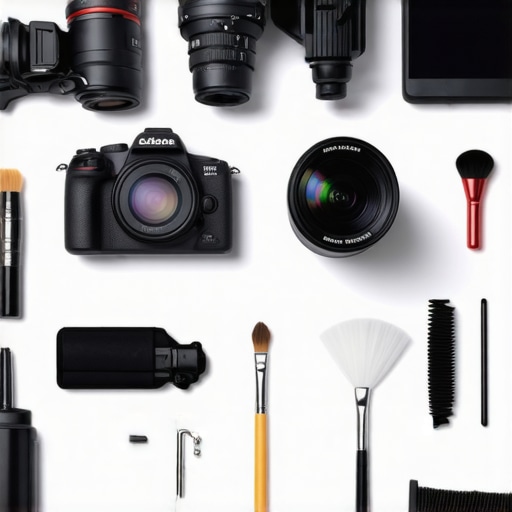 A content creator cleaning and organizing their camera gear in a professional studio environment