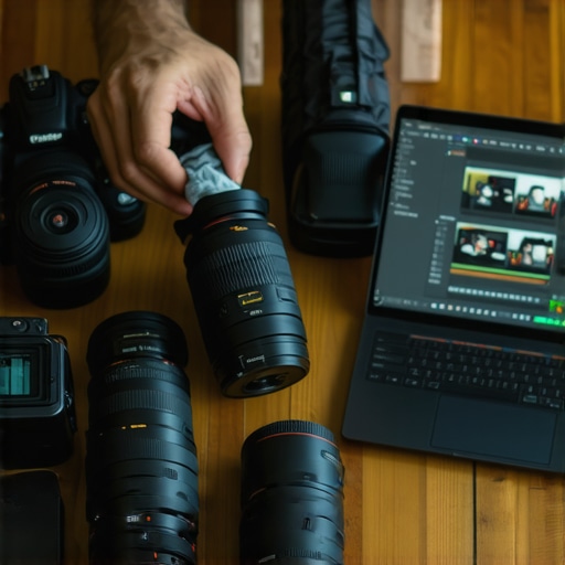 Content creator cleaning camera lenses with microfiber cloth