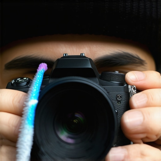 A content creator carefully cleaning their mirrorless camera with specialized tools