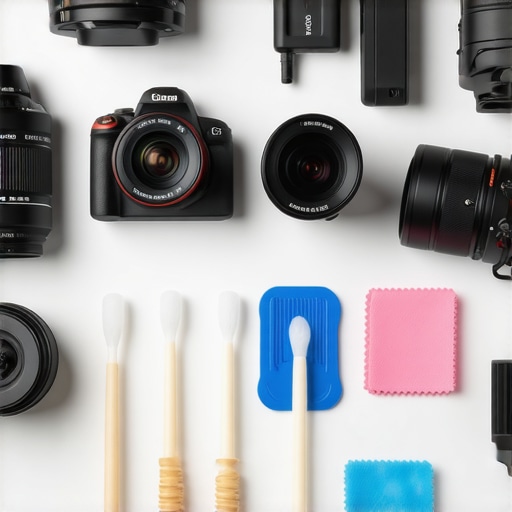 A creator gently cleaning a mirrorless camera sensor with specialized tools in a tidy studio environment.
