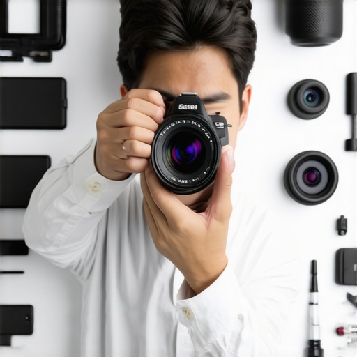 A person cleaning a camera lens with a microfiber cloth, with streaming gear around