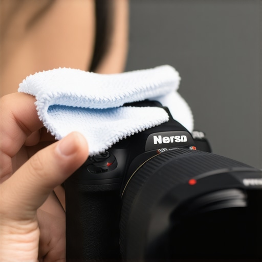 Creator cleaning camera lens with microfiber cloth in a professional streaming setup