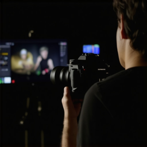 A streaming setup with a high-end 4K camera, lighting, and monitor showing a professional content creator preparing for a live stream.