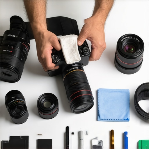 Photographer cleaning a camera lens with microfiber cloth, highlighting maintenance essentials for content creators.