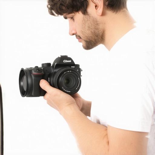 A person adjusting a mirrorless camera on a tripod in a well-lit studio for live streaming.