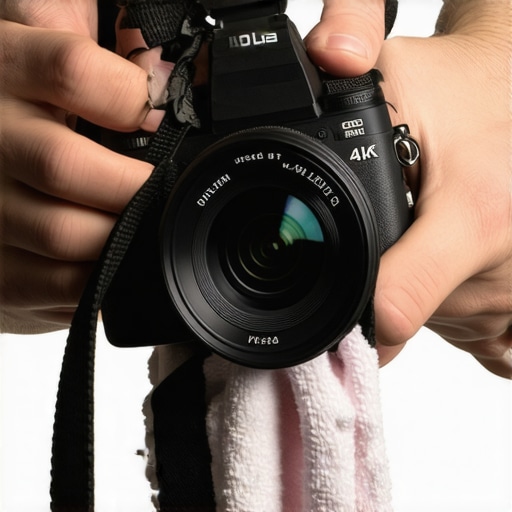 A person cleaning a mirrorless 4K camera with a microfiber cloth in a studio setting.