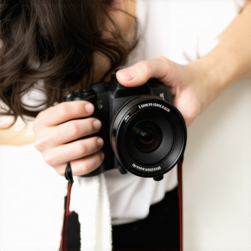 A person gently cleaning a mirrorless camera with a microfiber cloth in a professional studio setting.