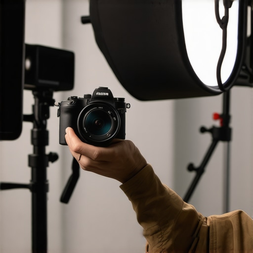 A professional content creator configuring a mirrorless 4K camera with lighting gear in a studio.