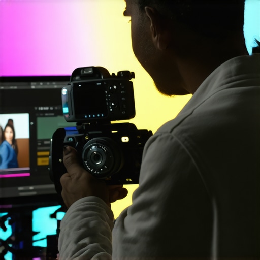 A streamer configuring their camera settings on a professional 4K setup with lighting and monitor