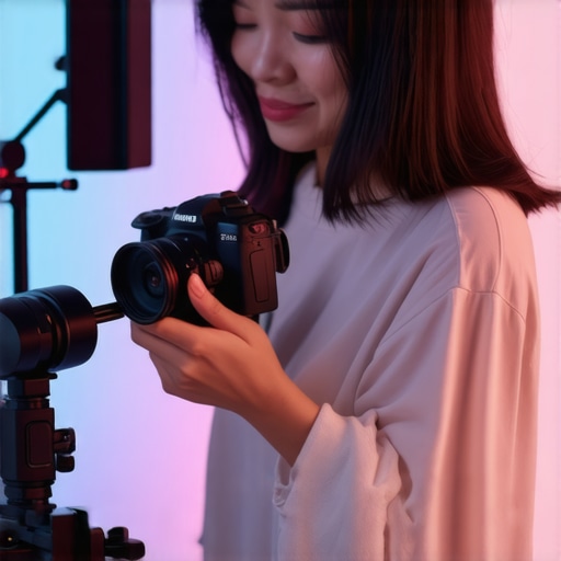 Content creator adjusting a 4K mirrorless camera in a studio setup