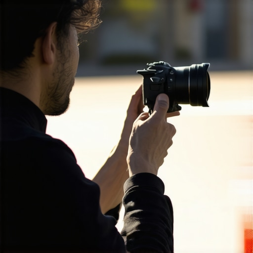 A photographer or streamer managing camera settings outdoors in bright sunlight, illustrating exposure adjustments to prevent overexposure.