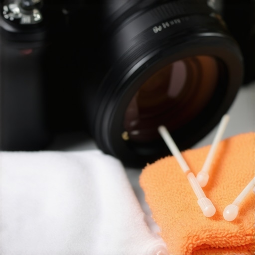 Person cleaning mirrorless camera sensor with precision tools in studio setting