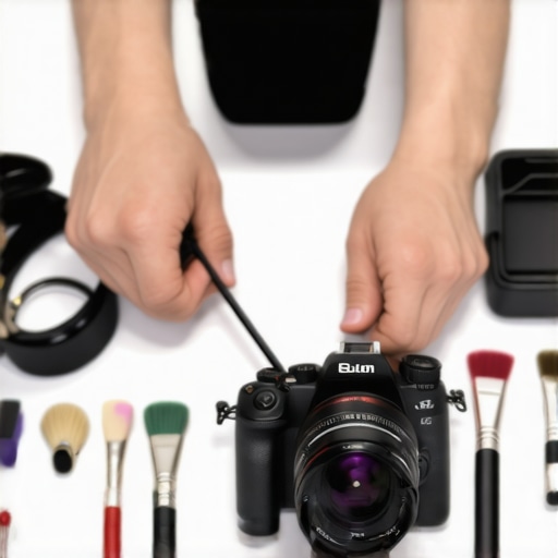 A person cleaning and inspecting their mirrorless camera in a professional studio setting.