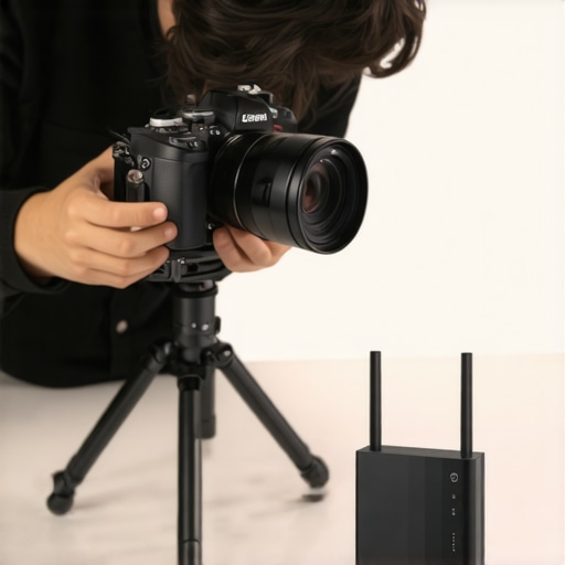 A person adjusting a mirrorless camera mounted on a tripod, with a Wi-Fi router in the background, illustrating a streaming setup.
