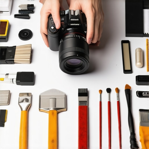 A person cleaning a mirrorless camera with a microfiber cloth and sensor cleaner in a modern studio.