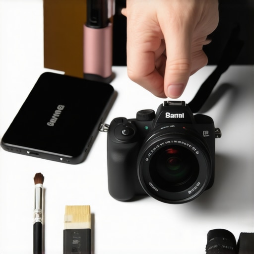 A content creator cleaning their mirrorless camera lens with tools and organizing equipment nearby.