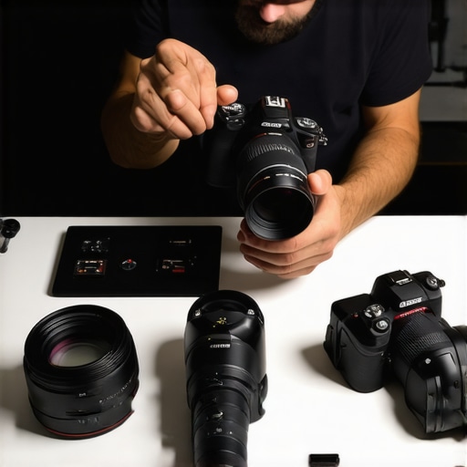 A person cleaning a mirrorless camera with lens cleaning kit in a professional studio setting