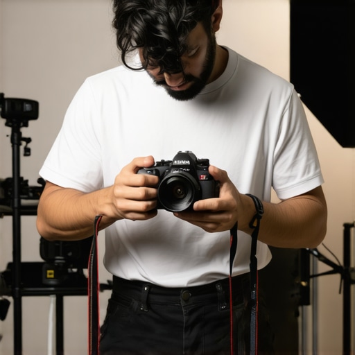 A person cleaning a mirrorless camera with a microfiber cloth in a bright studio environment.
