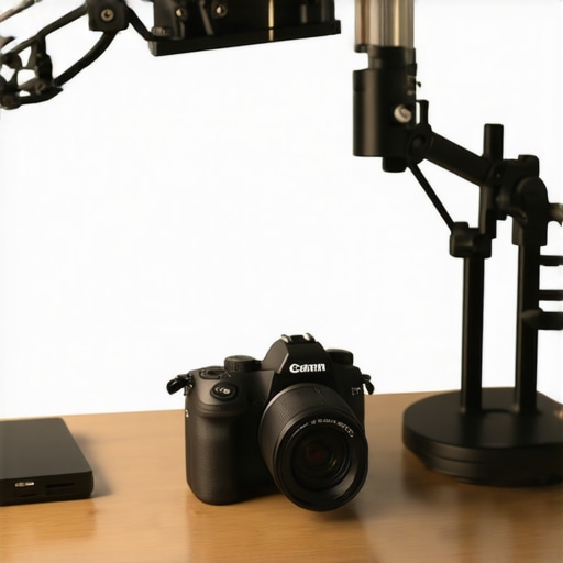A high-end mirrorless camera with accessories ready for recording