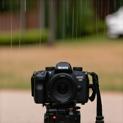 A resilient mirrorless camera with waterproof accessories capturing outdoor content in the rain.