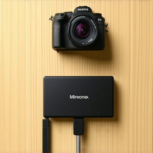 Camera connected to an SSD with USB-C cable during a content creation session.