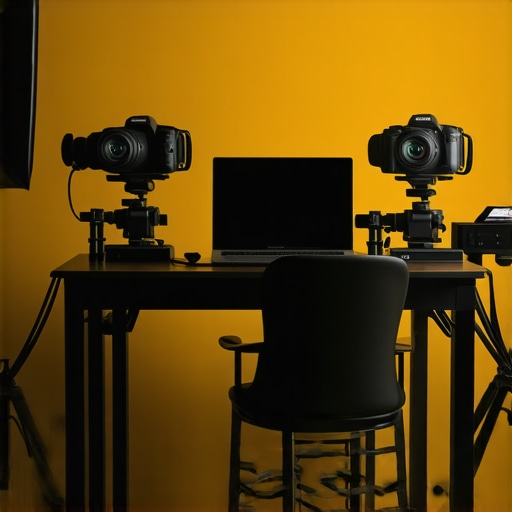 A content creator surrounded by three wide-angle 4K cameras, capturing multiple perspectives in a professional small studio setup.
