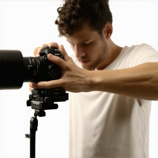 A person setting up a professional 4K mirrorless camera with lighting for YouTube streaming