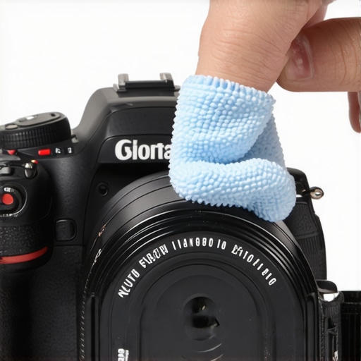 Hands cleaning a mirrorless camera sensor with microfiber cloth and brush during gear upkeep.