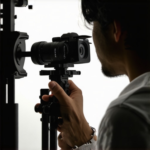 A photographer adjusts a mirrorless 4K camera with internal streaming capabilities in a studio.