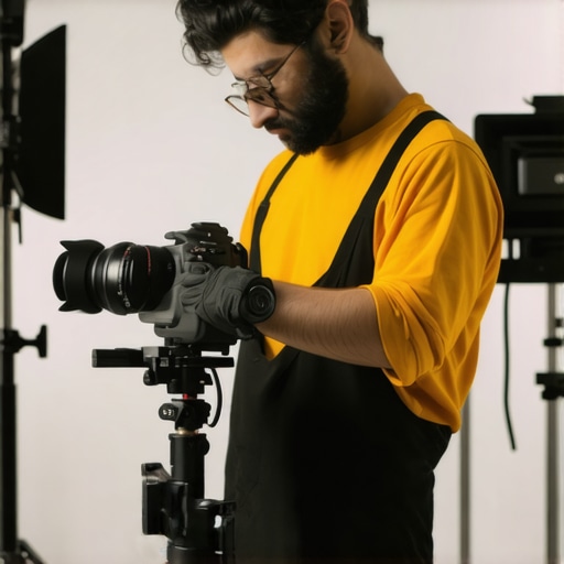 Close-up of cleaning a mirrorless camera sensor with a microfiber cloth and checking firmware on a laptop in a studio setup.