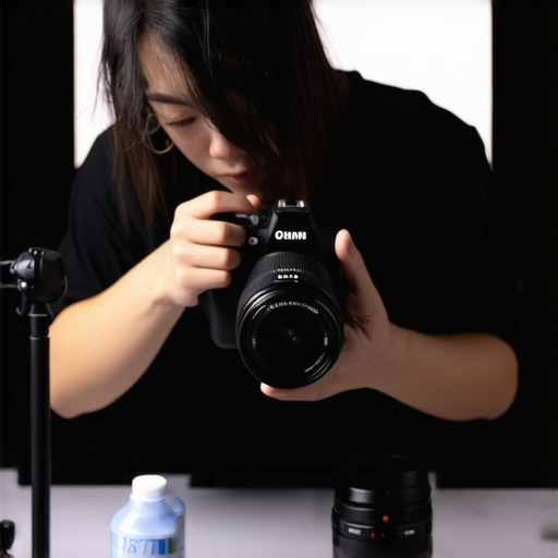 A person cleaning a mirrorless camera to ensure optimal performance for content creation