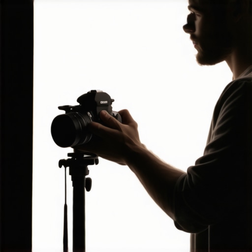 Content creator positioning a mirrorless camera on a tripod in a studio setting.
