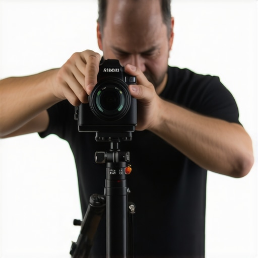 Content creator adjusting a high-end mirrorless camera on a tripod with wireless HDMI transmitter in studio.